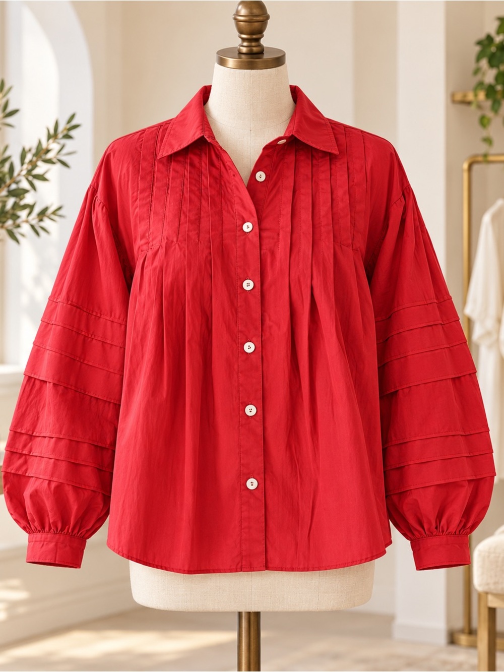 See you Soon Red Button-Front Pintuck Peasant Blouse